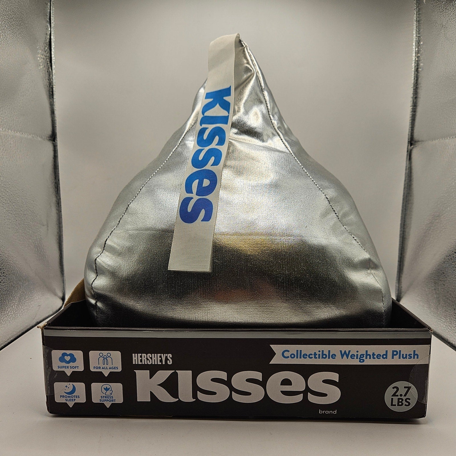 HERSHEY'S KISSES 2.7LB COLLECTIBLE WEIGHTED PLUSH SILVER CHOCOLATE CANDY PILLOW