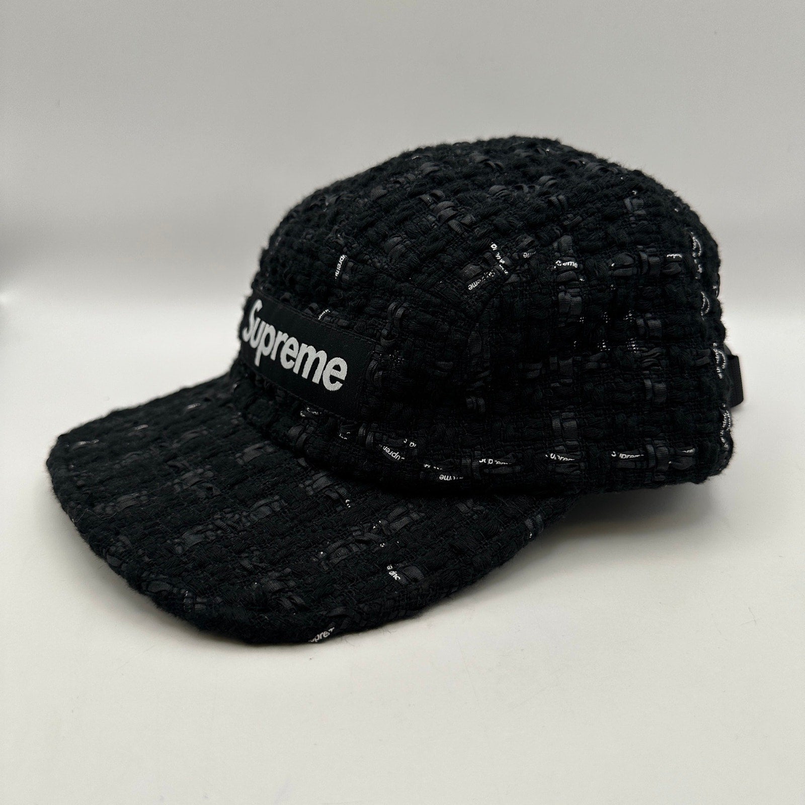SUPREME BLACK TWEED CAMP CAP HAT BOX LOGO ADJUSTABLE MADE IN USA