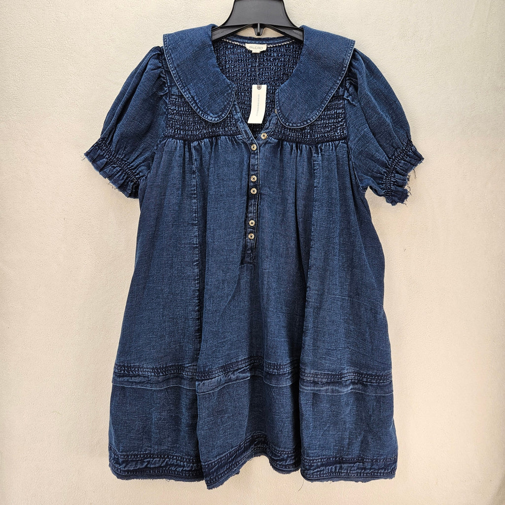 PILCRO ANTHROPOLOGIE XL DENIM BABYDOLL DRESS PETER PAN COLLAR SMOCKED PUFF NWT