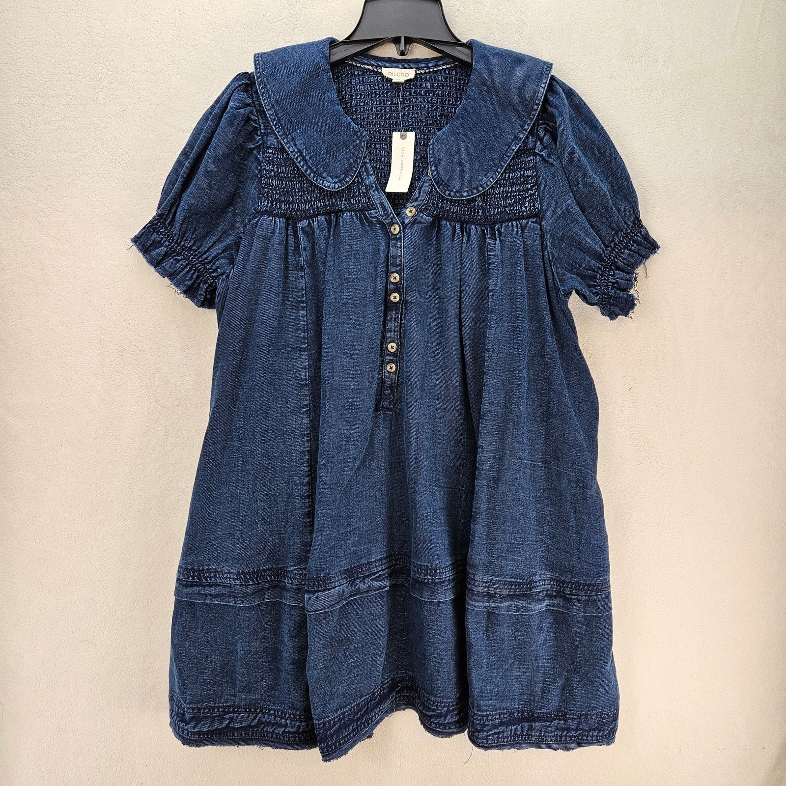PILCRO ANTHROPOLOGIE XL DENIM BABYDOLL DRESS PETER PAN COLLAR SMOCKED PUFF NWT