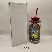 DISNEY BEAUTY AND THE BEAST GLASS TUMBLER W/ ROSE STRAW STAINED GLASS DESIGN NEW