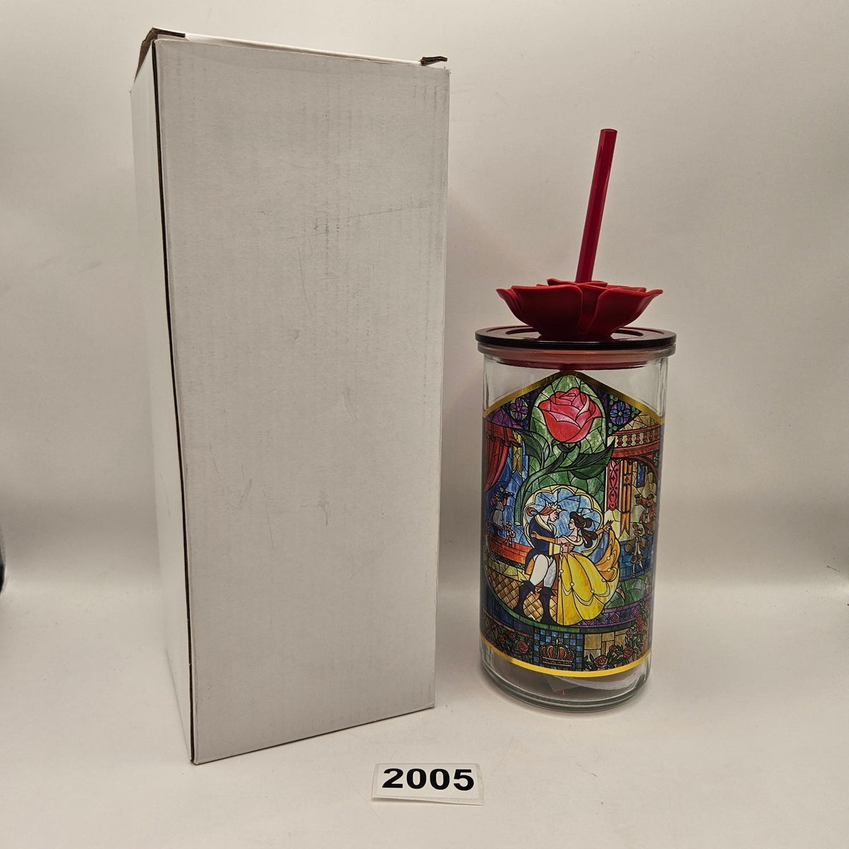 DISNEY BEAUTY AND THE BEAST GLASS TUMBLER W/ ROSE STRAW STAINED GLASS DESIGN NEW