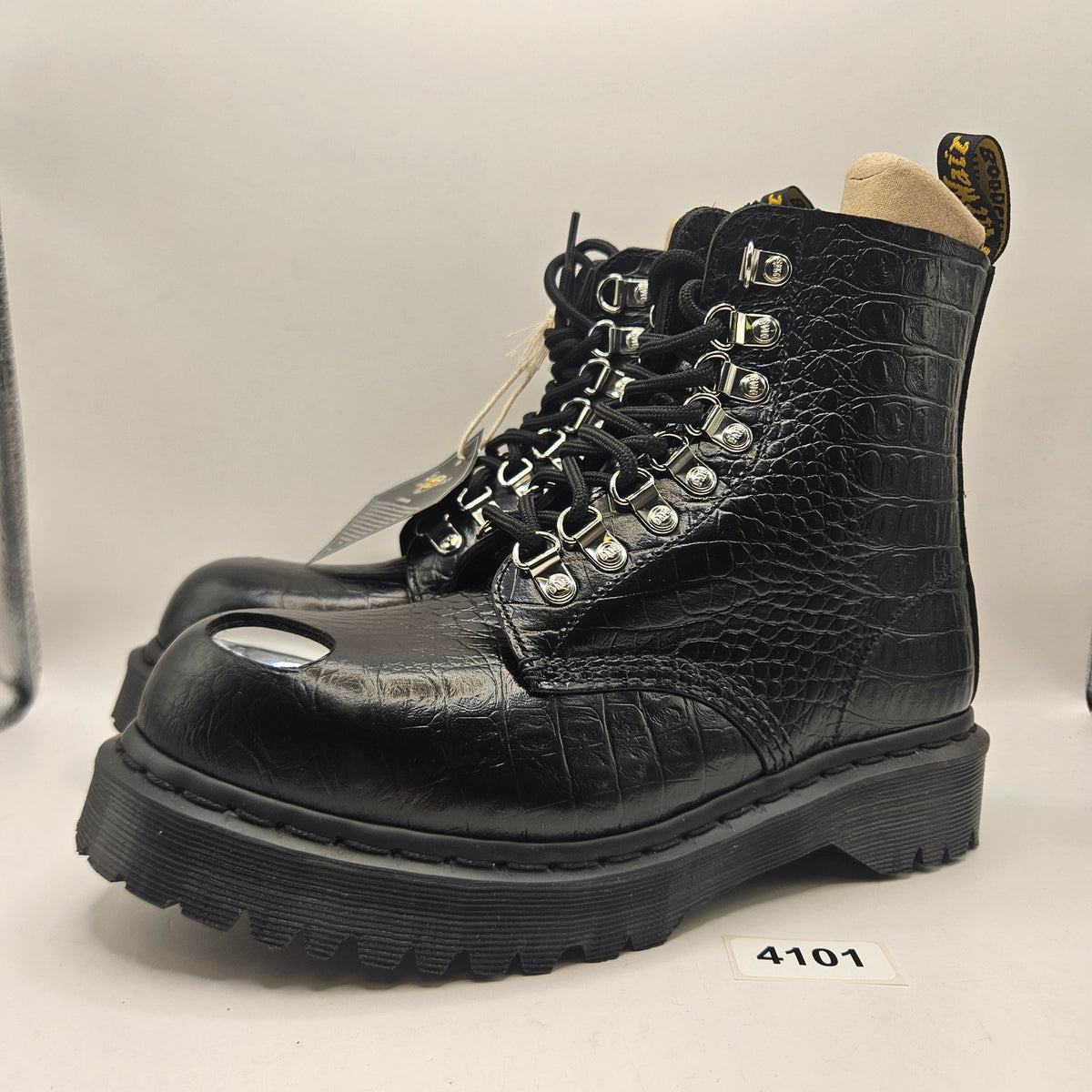 DR MARTENS WOMEN'S 7 STEEL TOE 1460 PASCAL BLACK ANALINE CROC EMBOSS BOOTS NWOB
