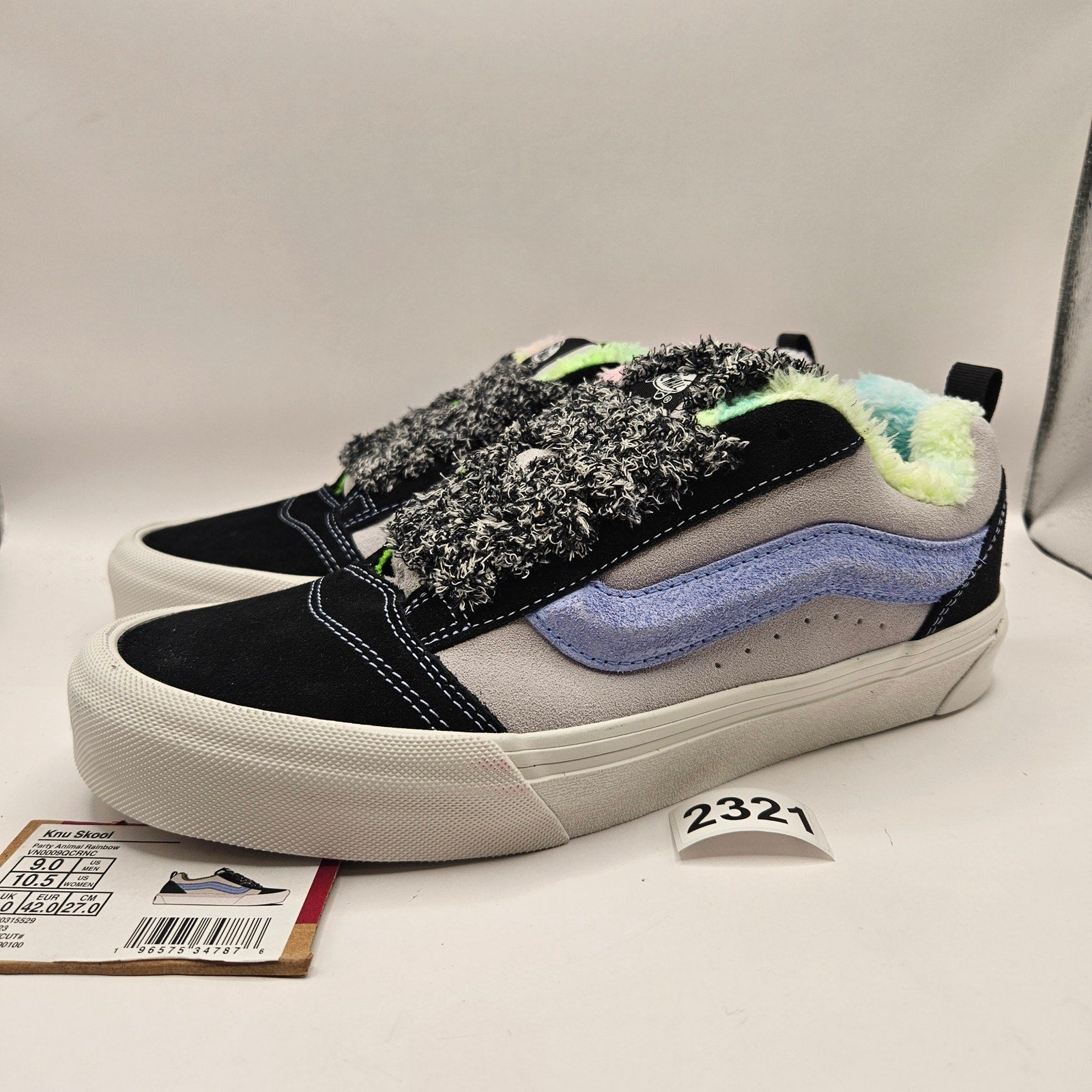 VANS MEN'S 9 KNU SKOOL PARTY ANIMAL RAINBOW BLACK SUEDE FAUX FUR NWOB