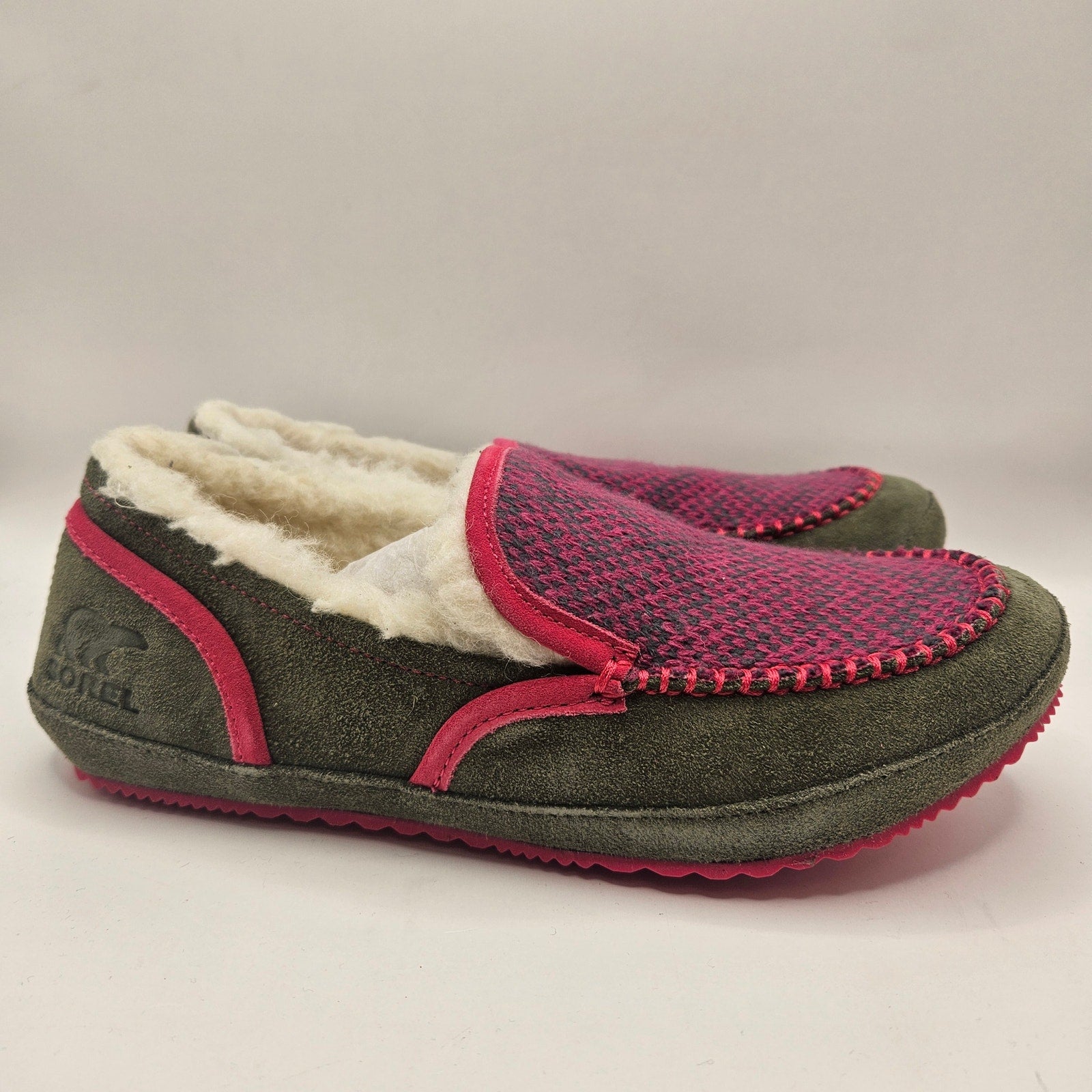 SOREL WOMEN'S 7 TREMBLANT II MOCASSIN SLIPPERS STONE GREEN CACTUS PINK NIB