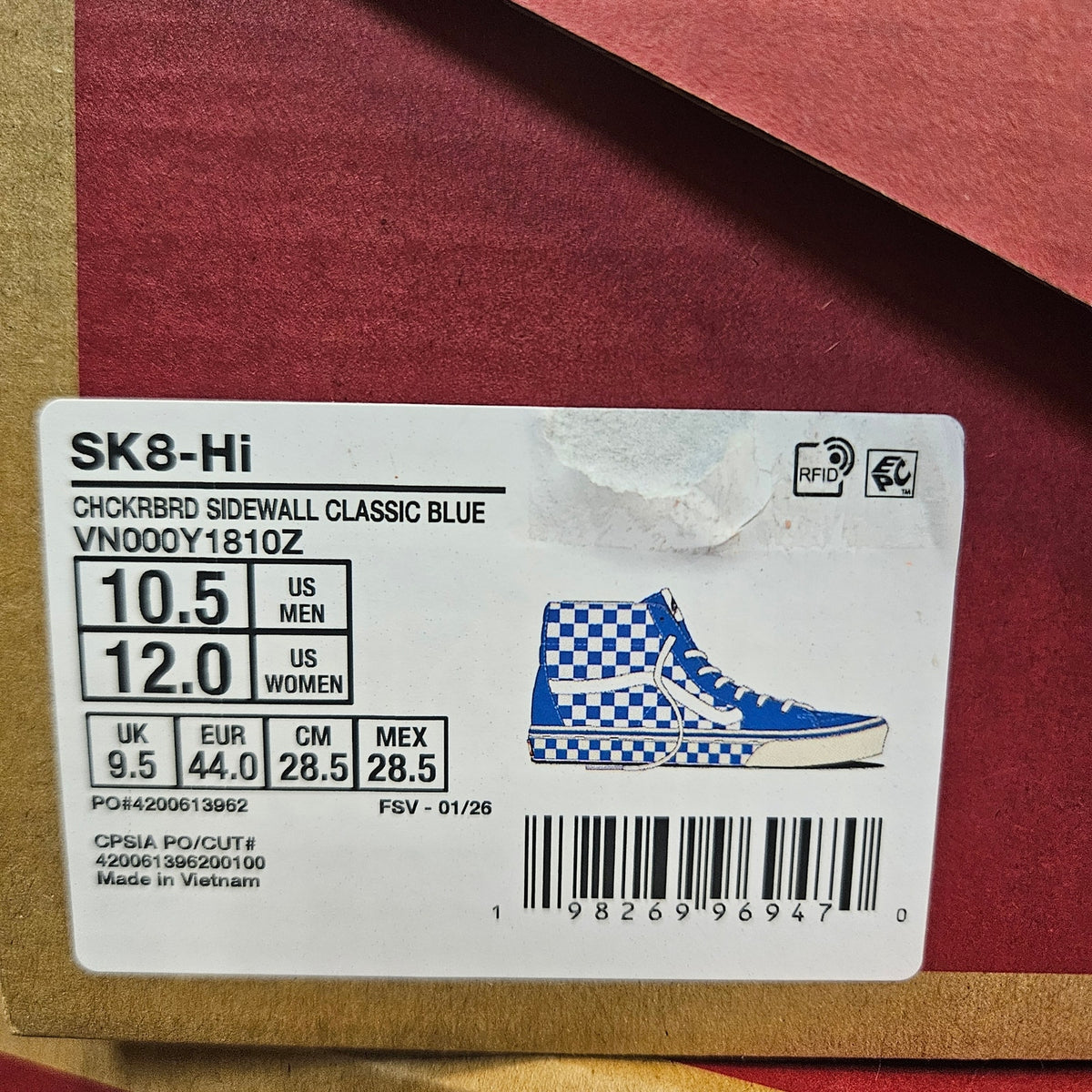 VANS MEN'S 10.5 SK8-HI CHECKERBOARD SIDEWALL CLASSIC BLUE HI TOP SKATEBOARDING
