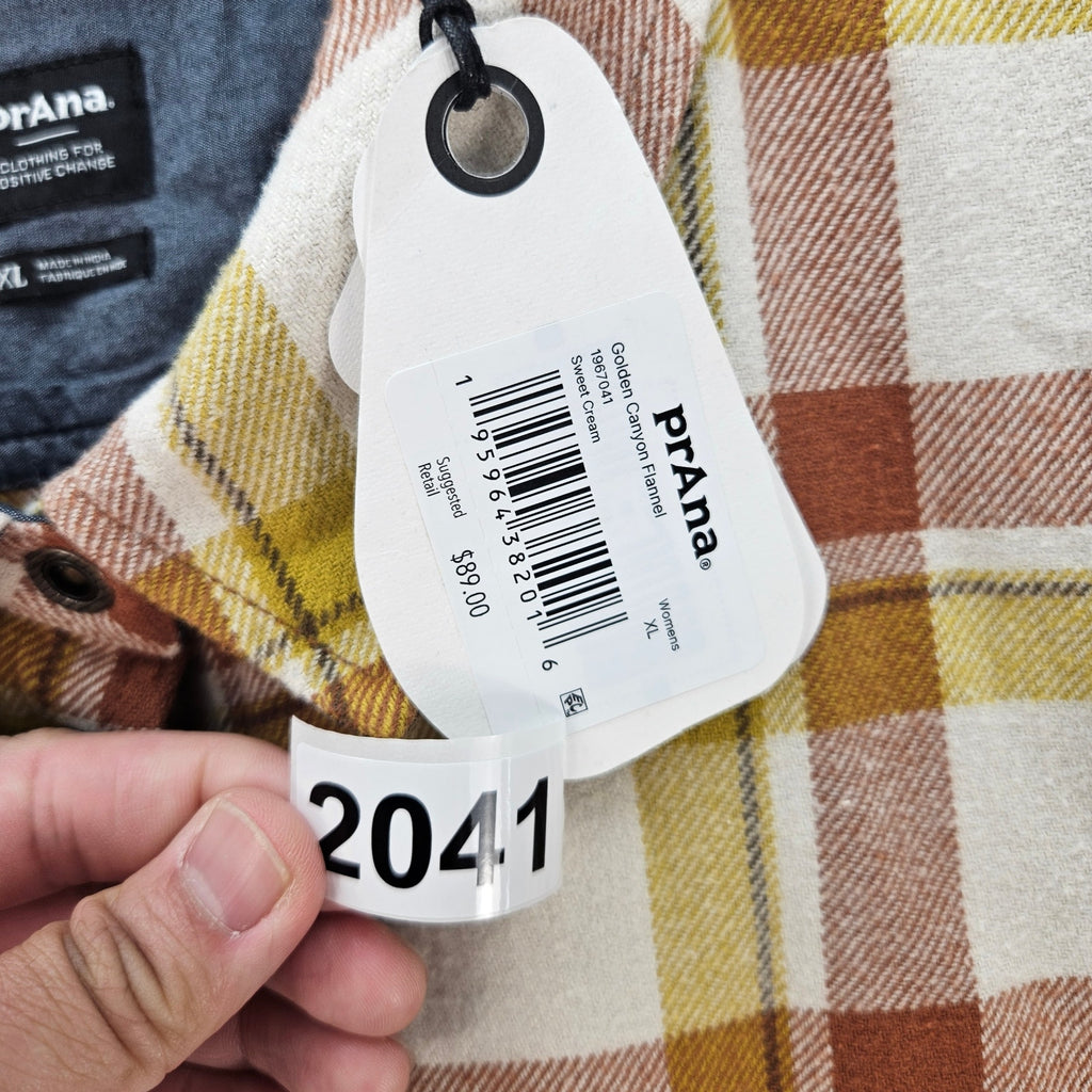 PRANA WOMEN'S XL GOLDEN CANYON FLANNEL SWEET CREAM PLAID NWT SHIRT