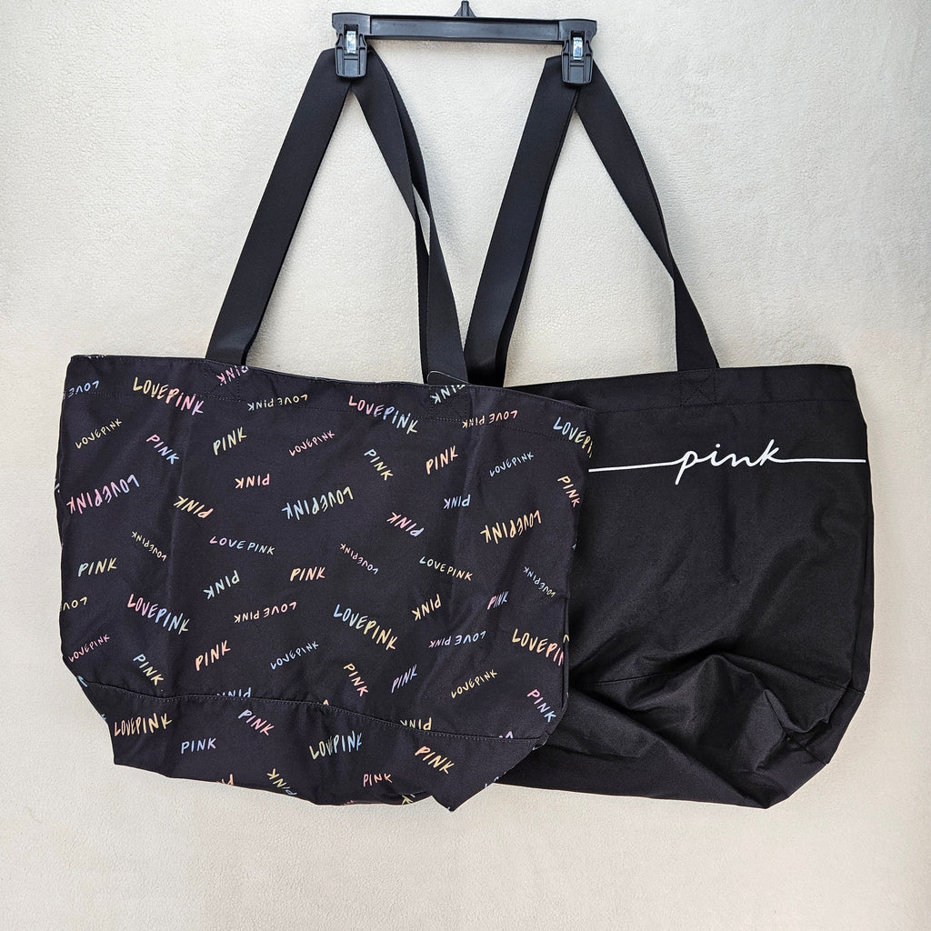 LOT OF 2 - VICTORIA'S SECRET PINK REUSEABLE TOTE BAG BLK SHOPPING BEACH GYM NWT