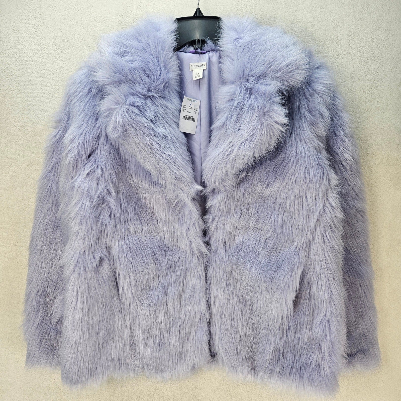 J CREW CREWCUTS GIRLS 14 LAVENDER FAUX FUR COAT JACKET SHAGGY TEDDY SOFT NWT
