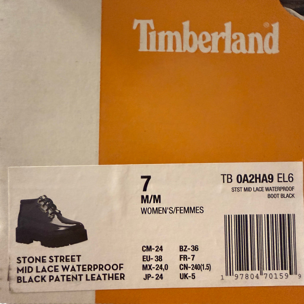 TIMBERLAND WOMEN'S 7 STONE STREET MID LACE WATERPROOF PATENT BLACK LEATHER NIB