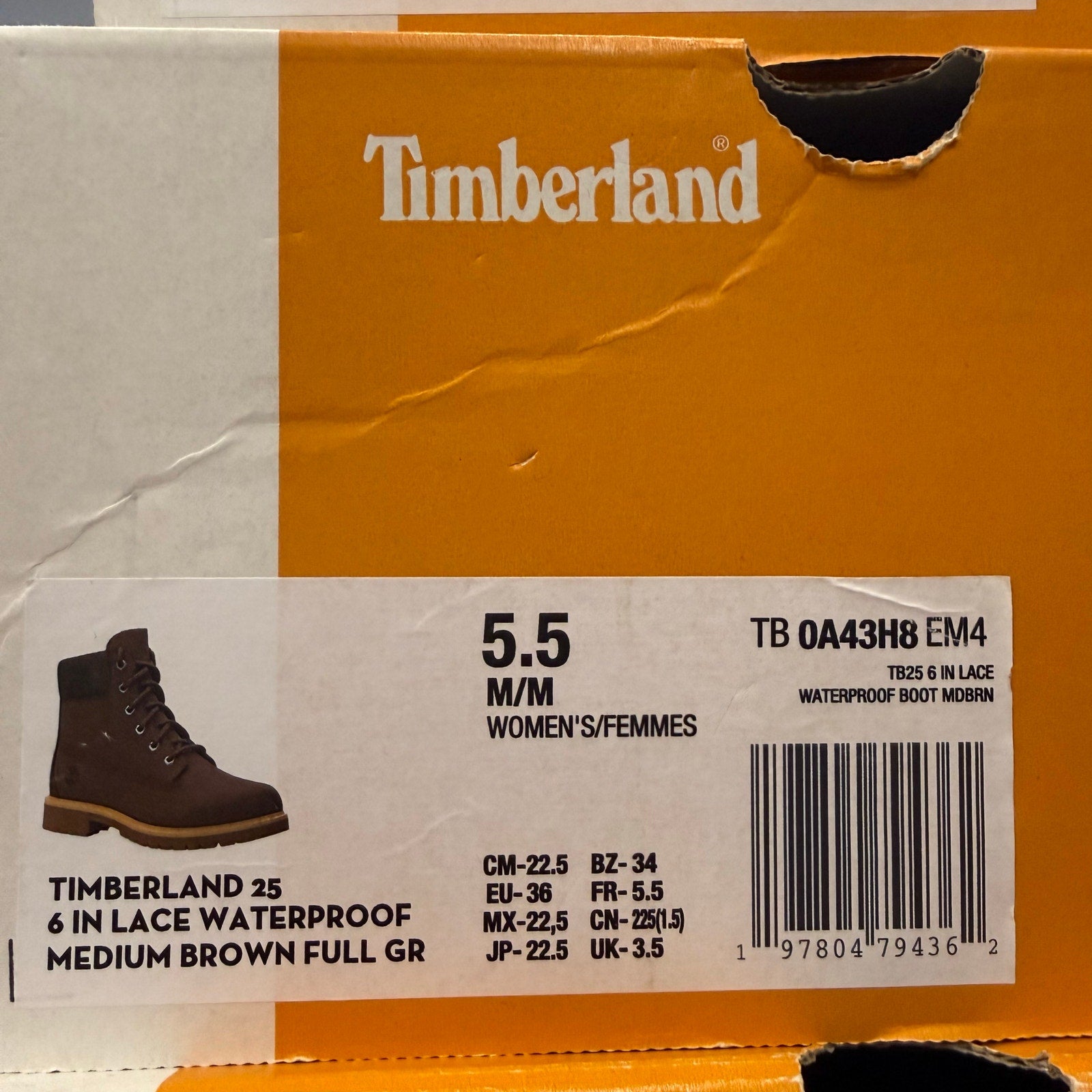 TIMBERLAND 25 WOMEN'S 5.5 WATERPROOF 6 IN BOOT NIB MEDIUM BROWN FULL-GRAIN