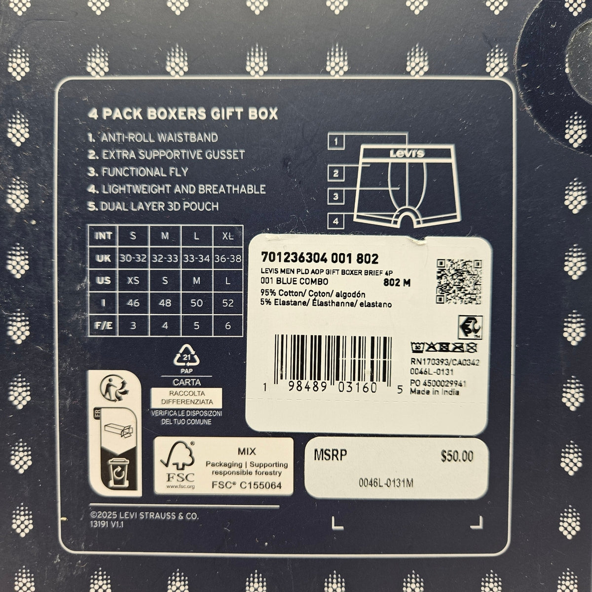 LEVI'S MEN'S MEDIUM 4 PIECE PLAID ALL OVER PRINT GIFT BOX SET NIB