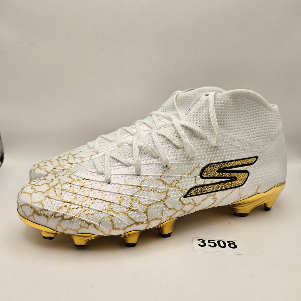 SKECHERS MEN'S 10.5 SKX 1.5 HIGH ELITE FG SOCCER CLEATS WHITE METALLIC GOLD NWOB