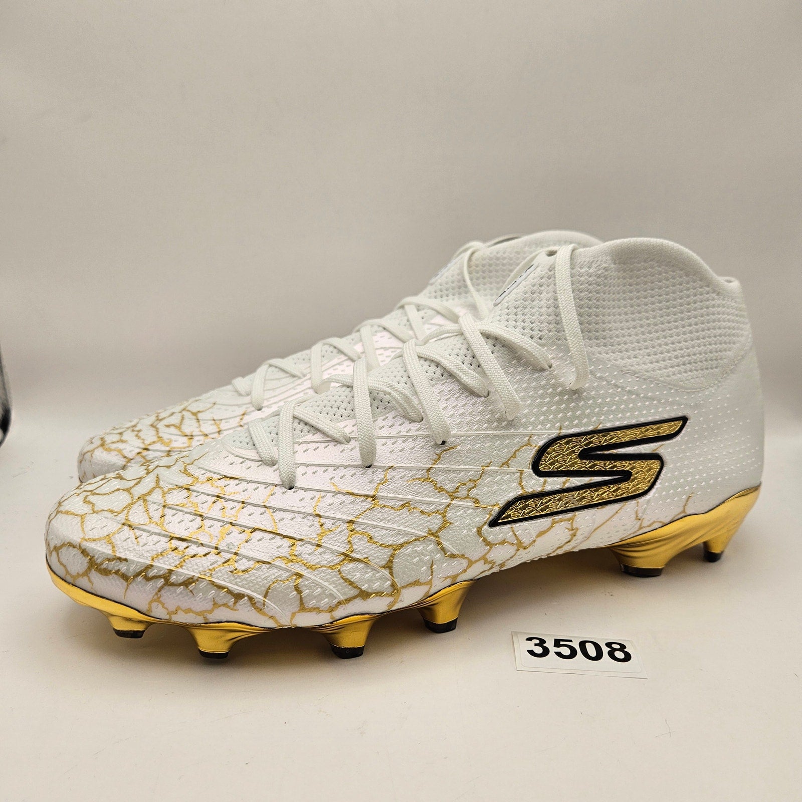 SKECHERS MEN'S 10.5 SKX 1.5 HIGH ELITE FG SOCCER CLEATS WHITE METALLIC GOLD NWOB