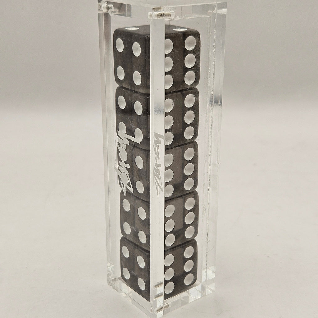 STUSSY DICE SET BLACK ACRYLIC DISPLAY CASE 5 LOGO DICE STYLE 138769 RARE