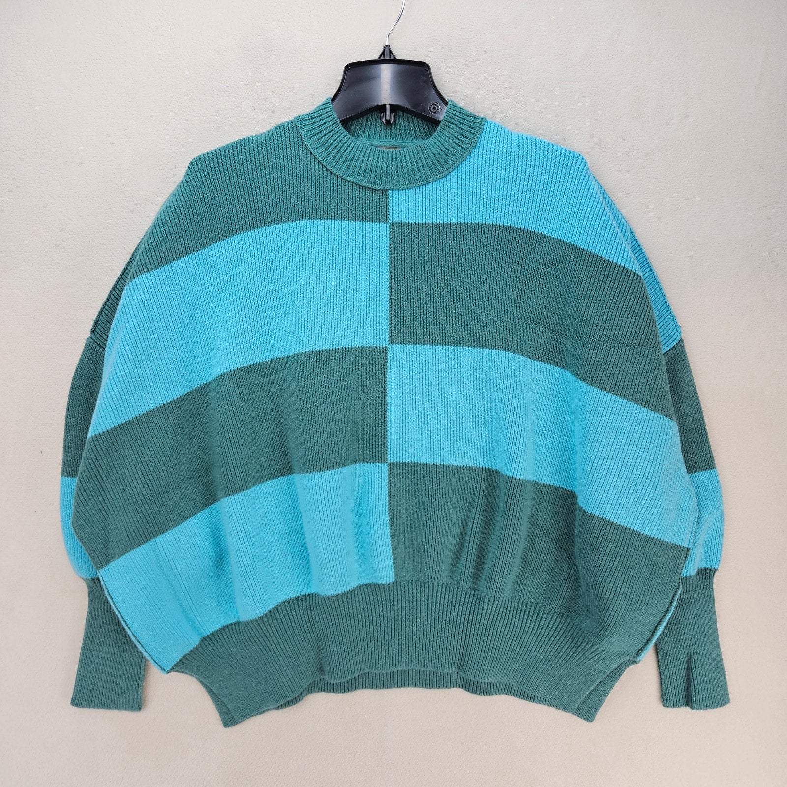 FREE PEOPLE SMALL COLOR BLACK OVERSIZED KNIT SWEATER GREEN BLUE MOCK NECK CHUNKY