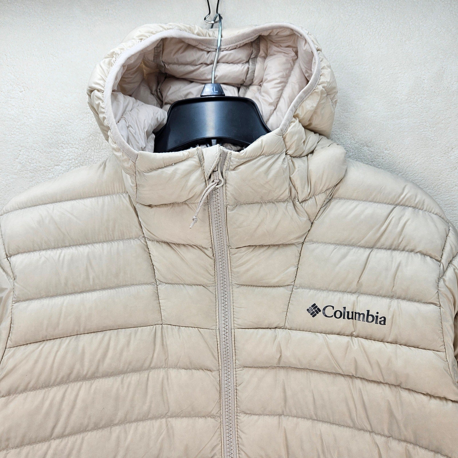 COLUMBIA WOMEN'S SMALL CORELITE DOWN HOODED JACKET BEIGE OMNI HEAT PACKABLE NWT