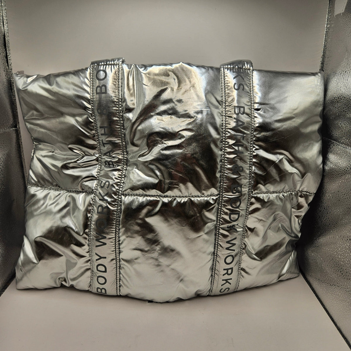 BATH & BODY WORKS QUILTED METALLIC CHROME TOTE NWT