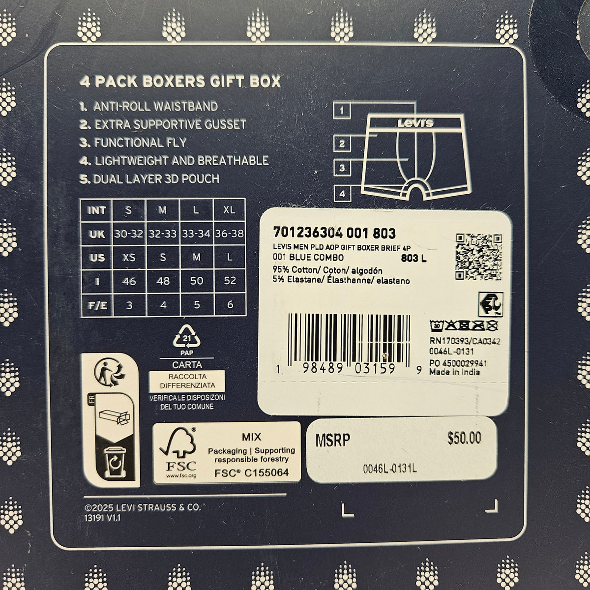 LEVI'S MEN'S LARGE 4 PIECE PLAID ALL OVER PRINT GIFT BOX SET NIB