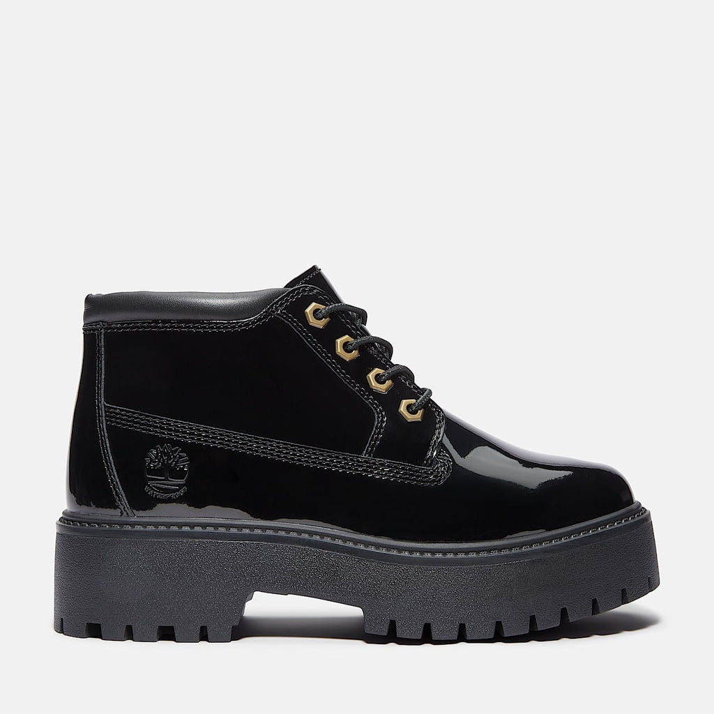 TIMBERLAND WOMEN'S 6.5 STONE STREET MID LACE WATERPROOF PATENT BLACK LEATHER NIB