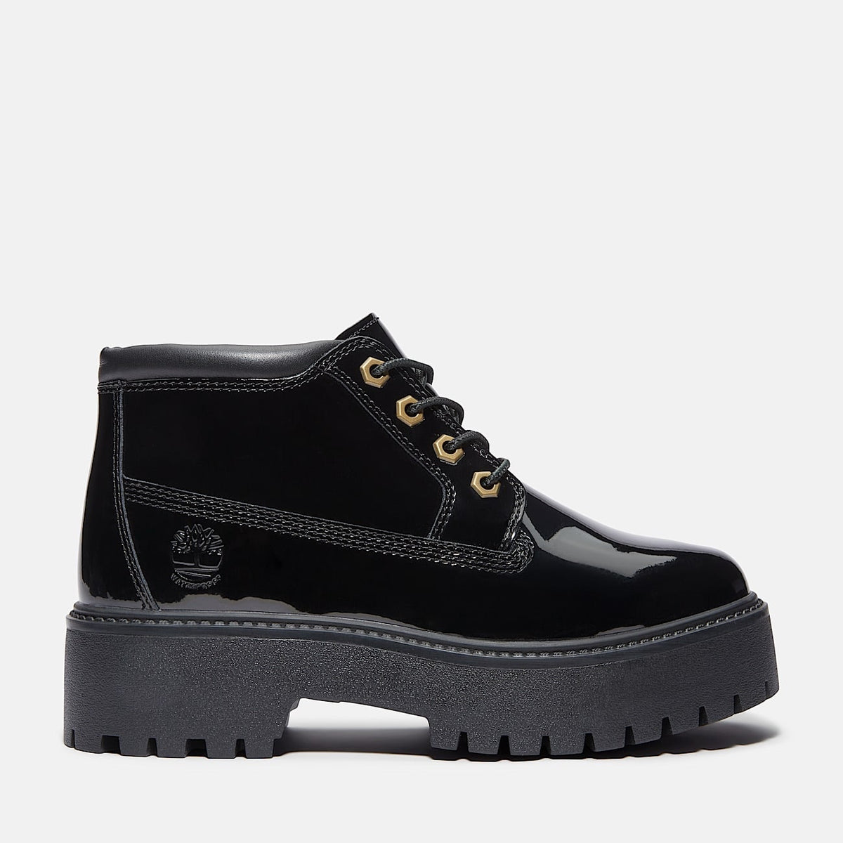 TIMBERLAND WOMEN'S 6.5 STONE STREET MID LACE WATERPROOF PATENT BLACK LEATHER NIB
