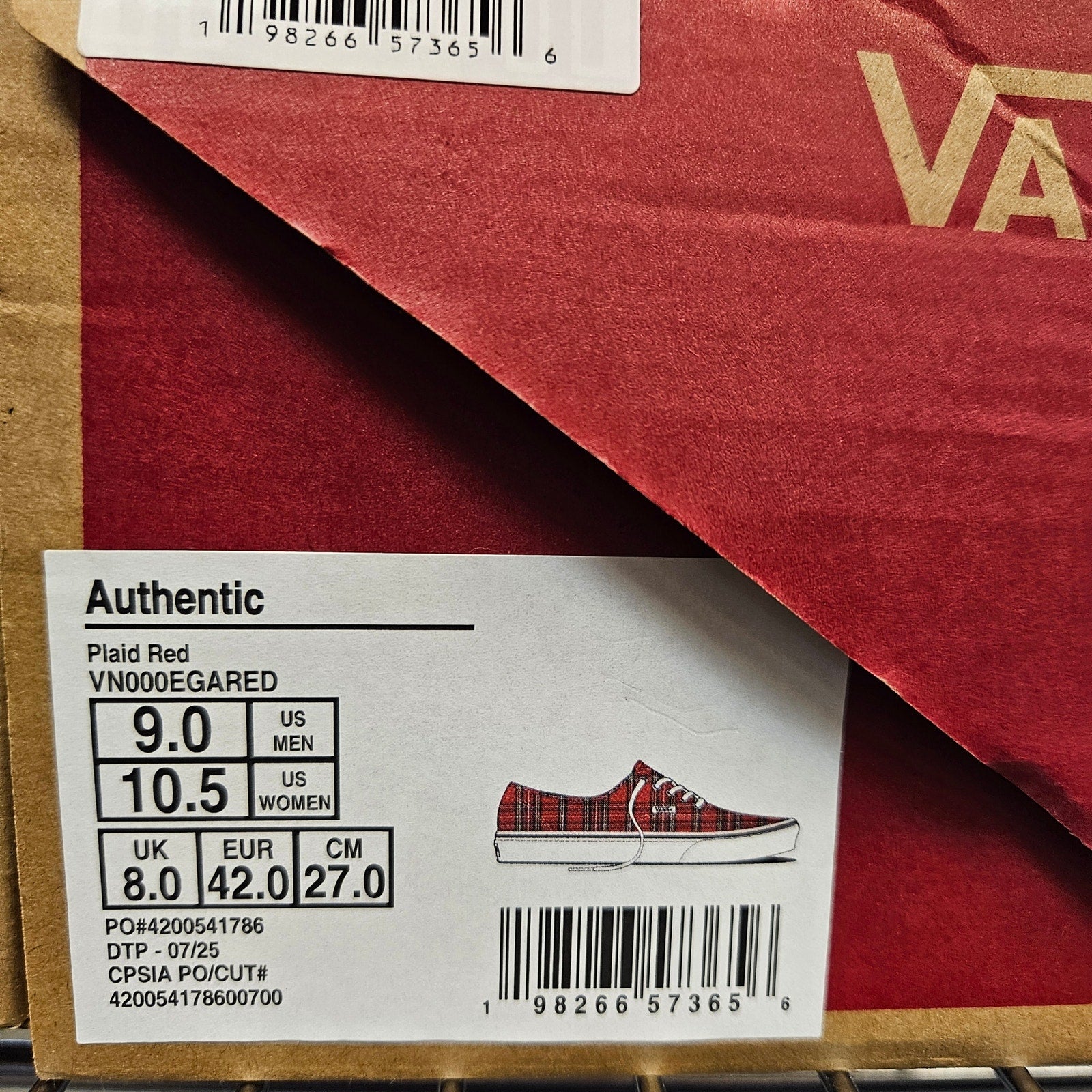 VANS MEN'S 9 AUTHENTIC LOW TOP SNEAKER PLAID RED NIB VN000EGARED