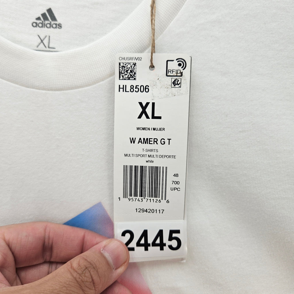 ADIDAS WOMEN'S XL AMERICAN FLAG LOGO WHITE TSHIRT NWT HL8506