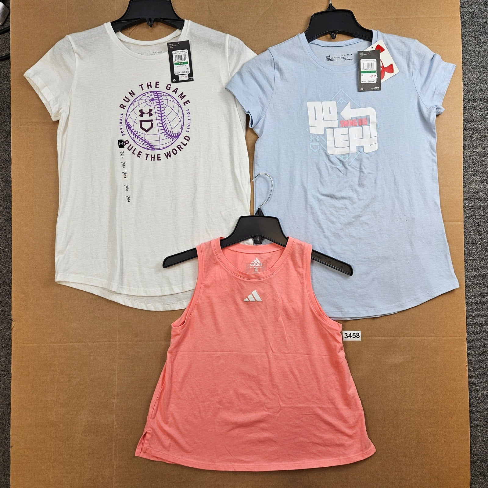LOT OF 3 - UA ADIDAS GIRLS LARGE ATHLETIC APPAREL TSHIRT TANK MIXED LOT NWT