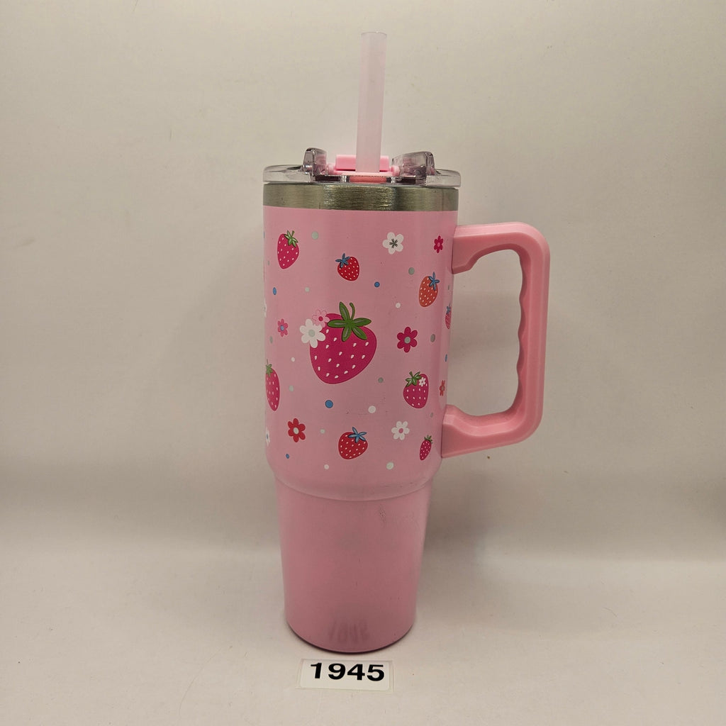 32oz PINK STRAWBERRY FLOWER TUMBLER W STRAW BRAND NEW