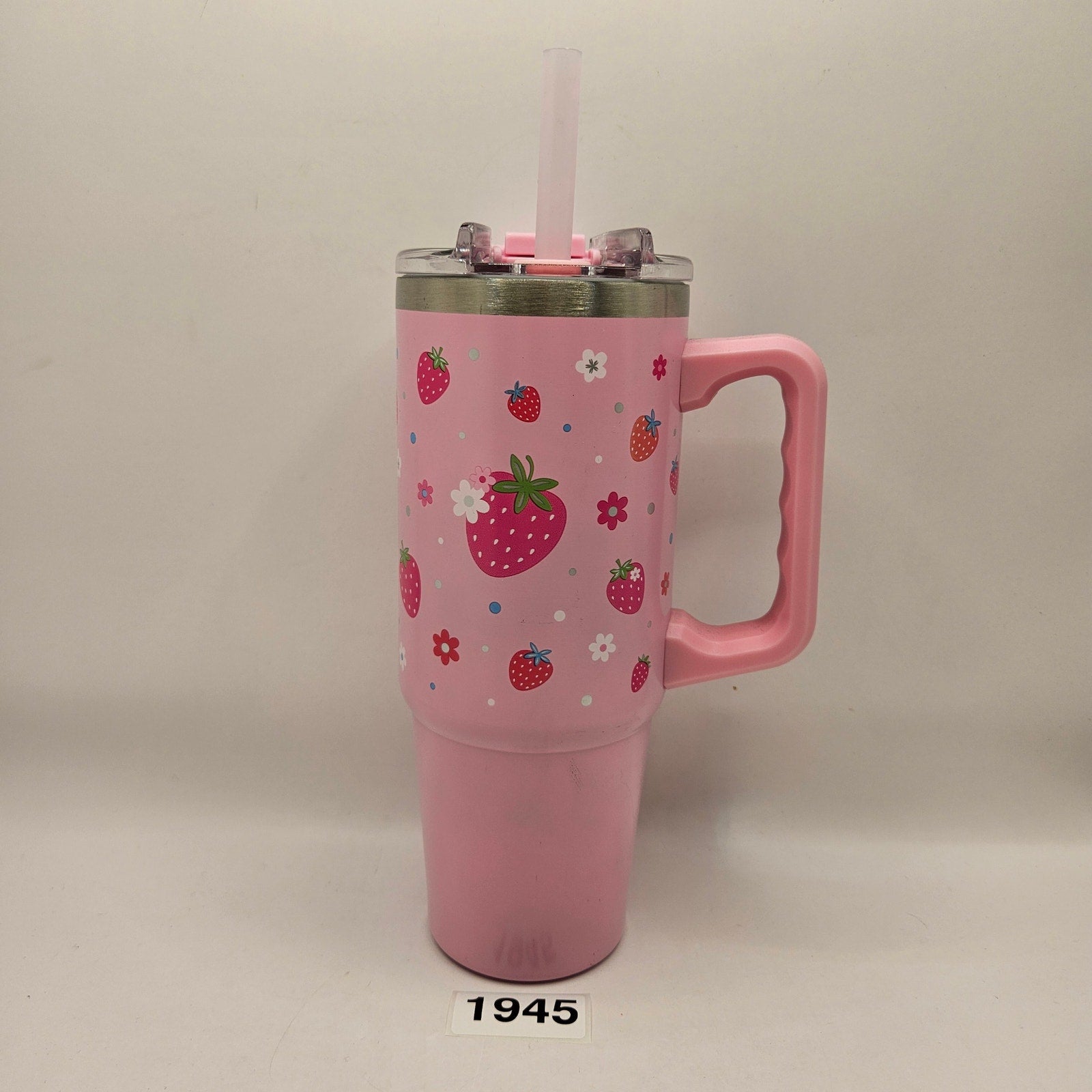 32oz PINK STRAWBERRY FLOWER TUMBLER W STRAW BRAND NEW