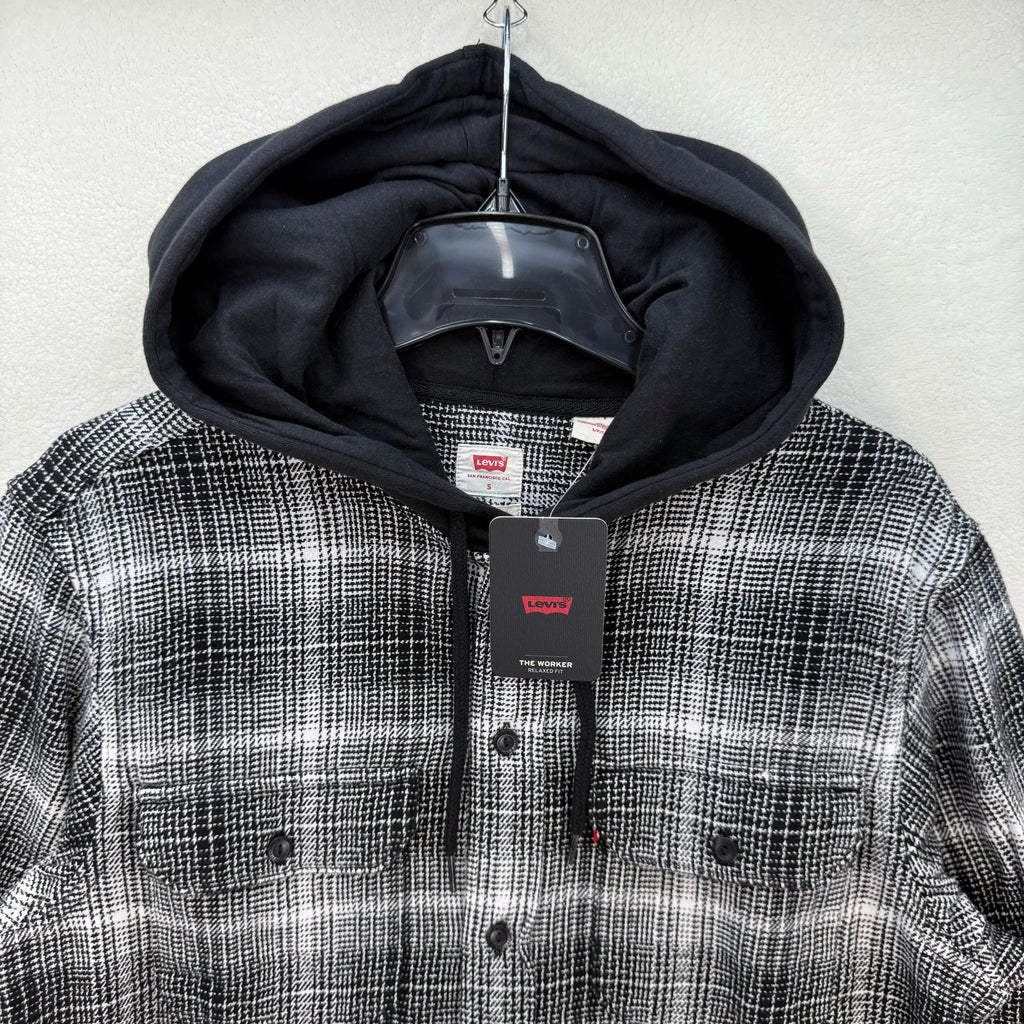LEVI'S MEN'S SMALL HOODED WORKER SHIRT AMETRINE PLAID METEORITE