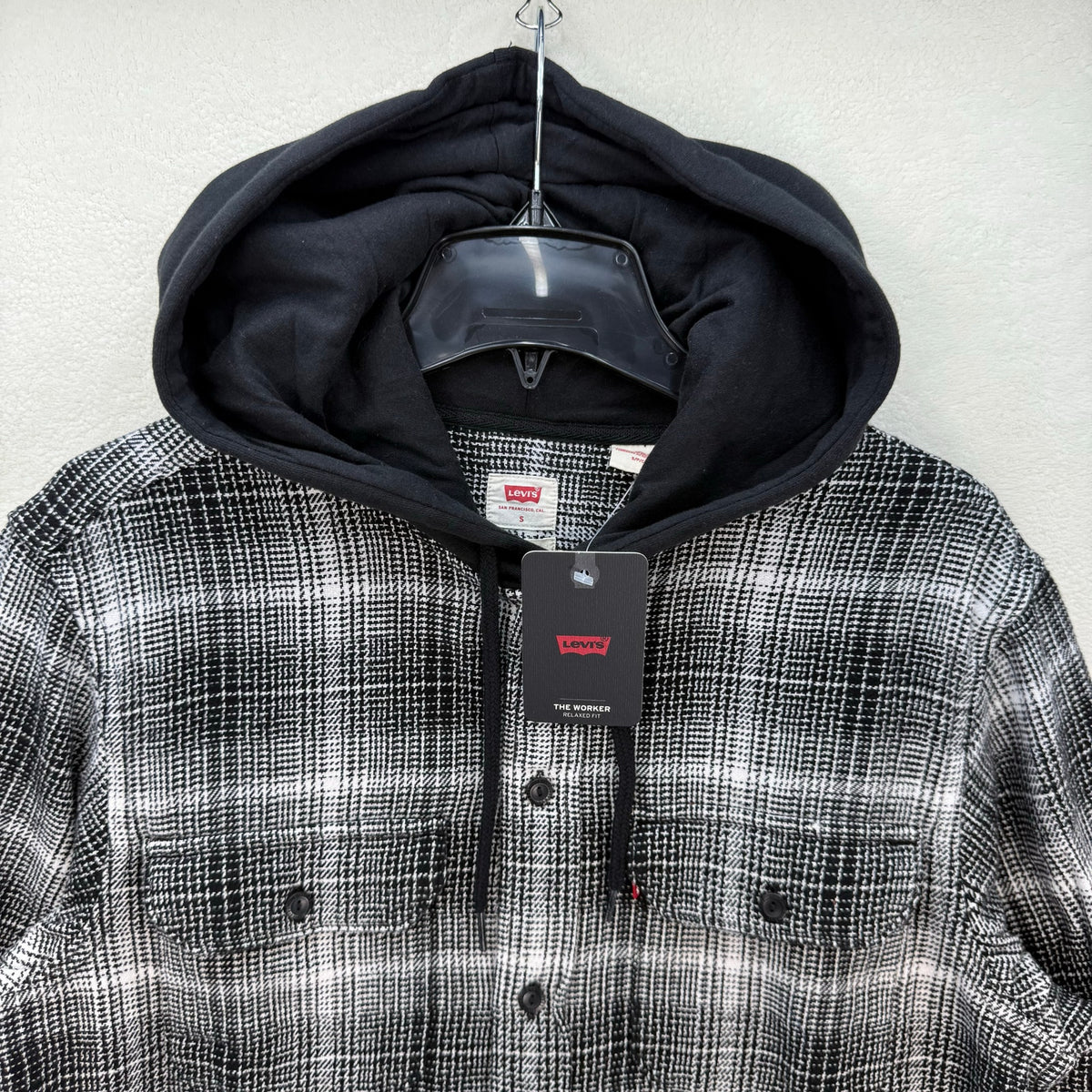 LEVI'S MEN'S SMALL HOODED WORKER SHIRT AMETRINE PLAID METEORITE