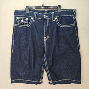 TRUE RELIGION MEN'S 40 VINNY ULTRA BAGGY ROPE STITCH JACKKNIFE DARK WASH SHORTS