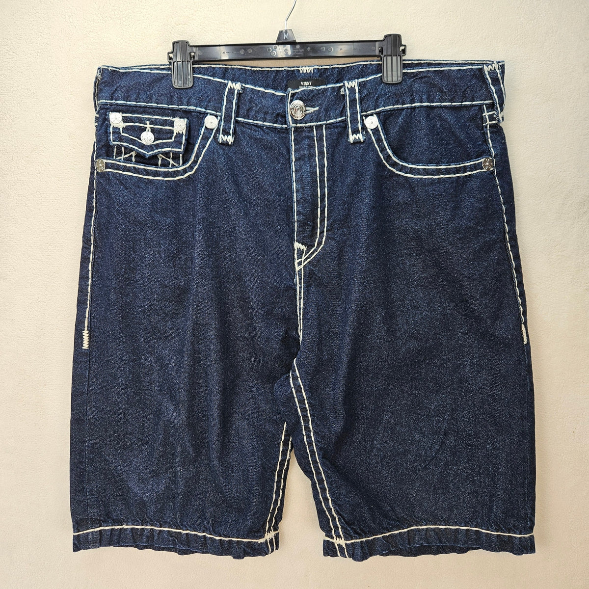 TRUE RELIGION MEN'S 40 VINNY ULTRA BAGGY ROPE STITCH JACKKNIFE DARK WASH SHORTS