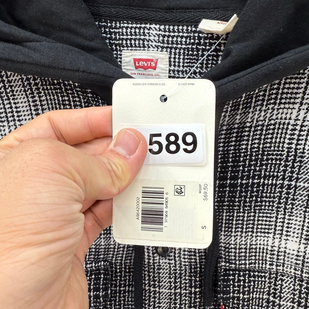 LEVI'S MEN'S SMALL HOODED WORKER SHIRT AMETRINE PLAID METEORITE