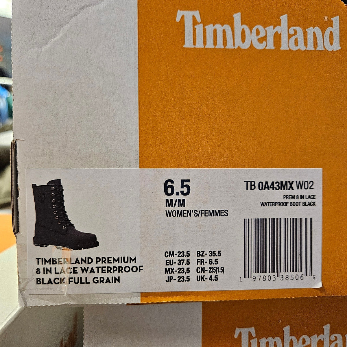 TIMBERLAND WOMEN'S 6.5 PREMIUM 8 INCH LACE WP BLACK FULL GRAIN BOOT TB0A43MXW02