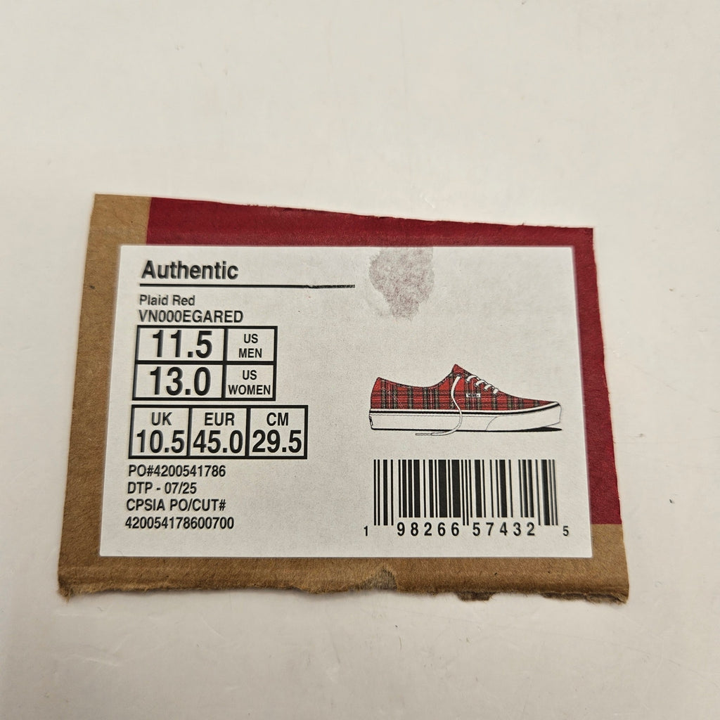 VANS MEN'S 11.5 AUTHENTIC RED PLAID LOW TOP CANVAS SNEAKER NWOB