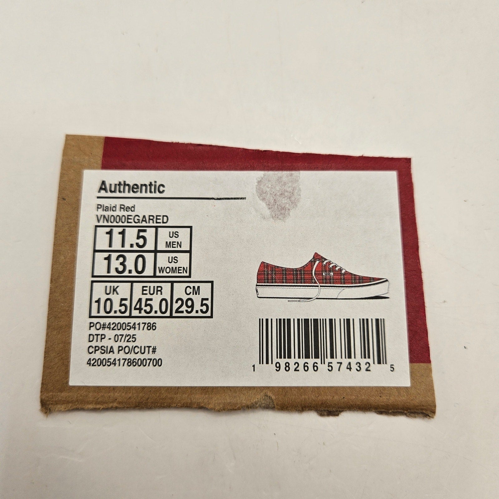 VANS MEN'S 11.5 AUTHENTIC RED PLAID LOW TOP CANVAS SNEAKER NWOB