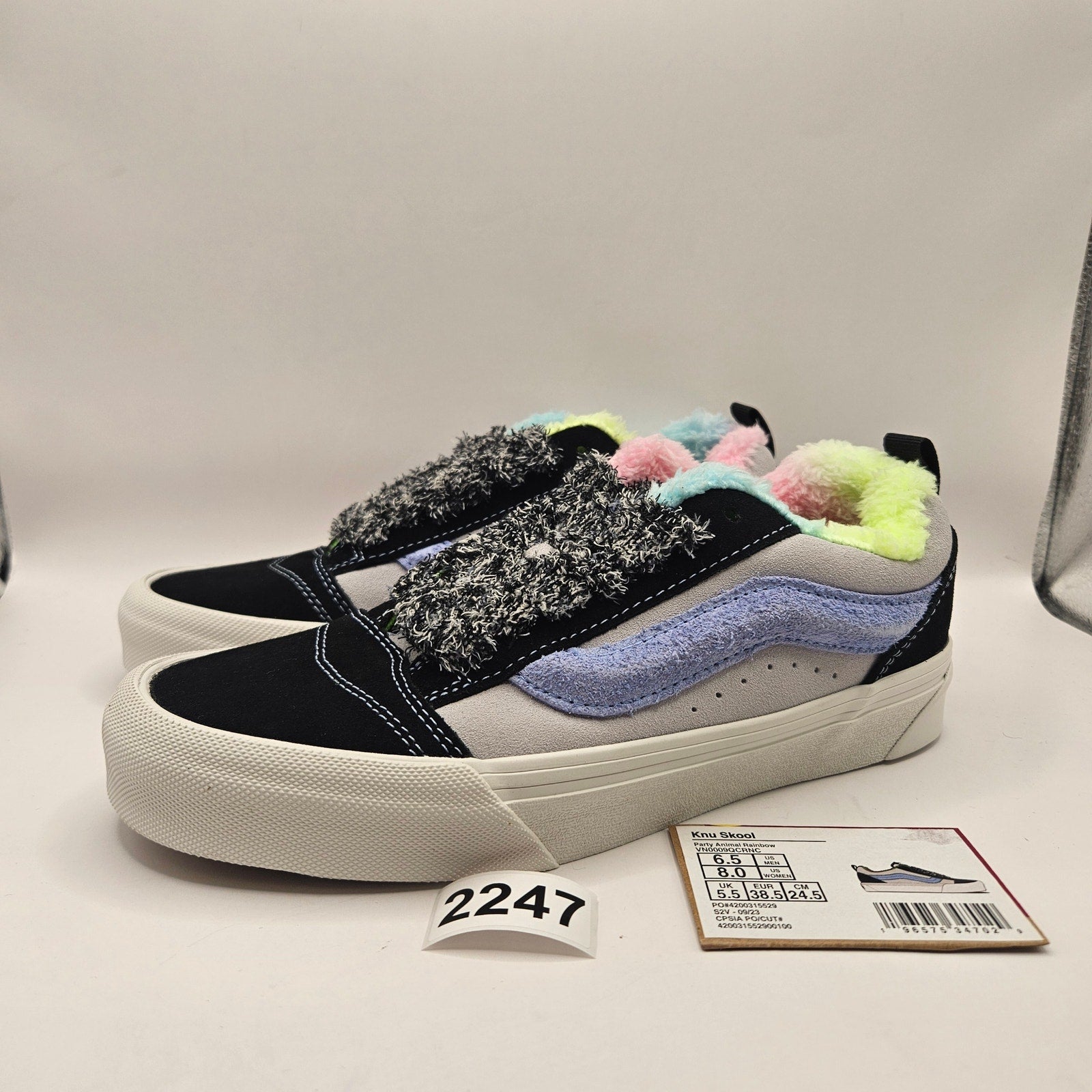 VANS WOMEN'S 8 KNU SKOOL PARTY ANIMAL RAINBOW BLACK SUEDE FAUX FUR NWOB