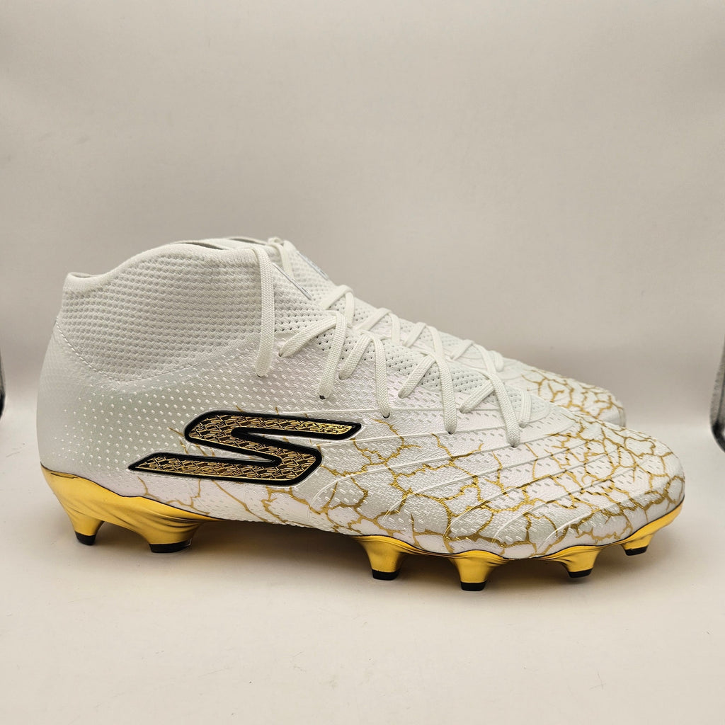 SKECHERS MEN'S 11.5 SKX 1.5 HIGH ELITE FG SOCCER CLEATS WHITE METALLIC GOLD NWOB