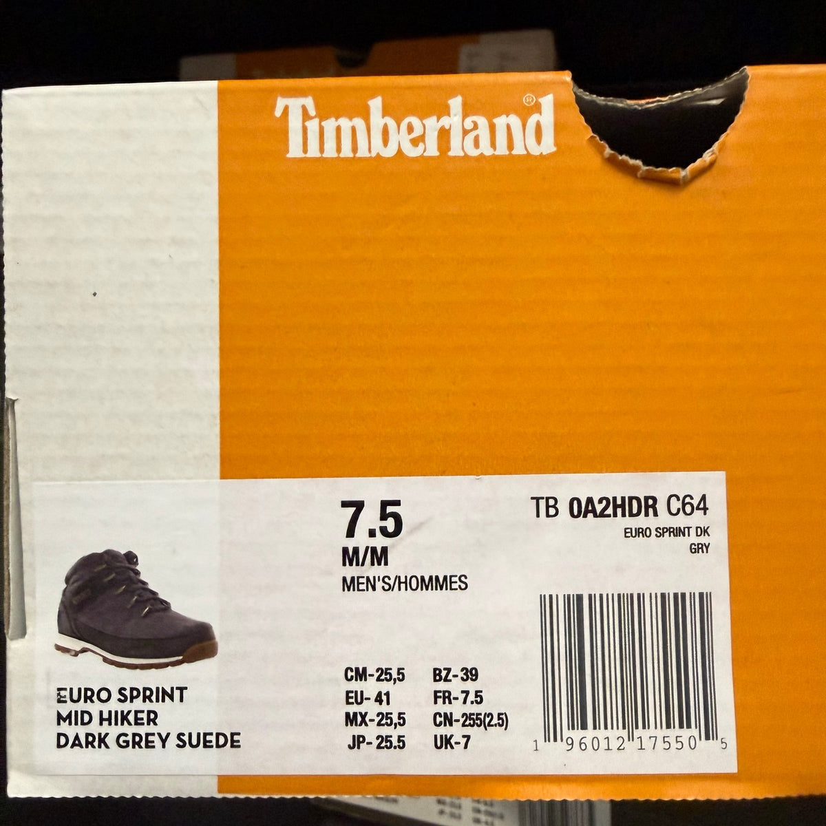 TIMBERLAND MEN'S 7.5 EURO SPRINT MID HIKER NUBUCK BOOT DK GRY SUEDE BOOT NIB