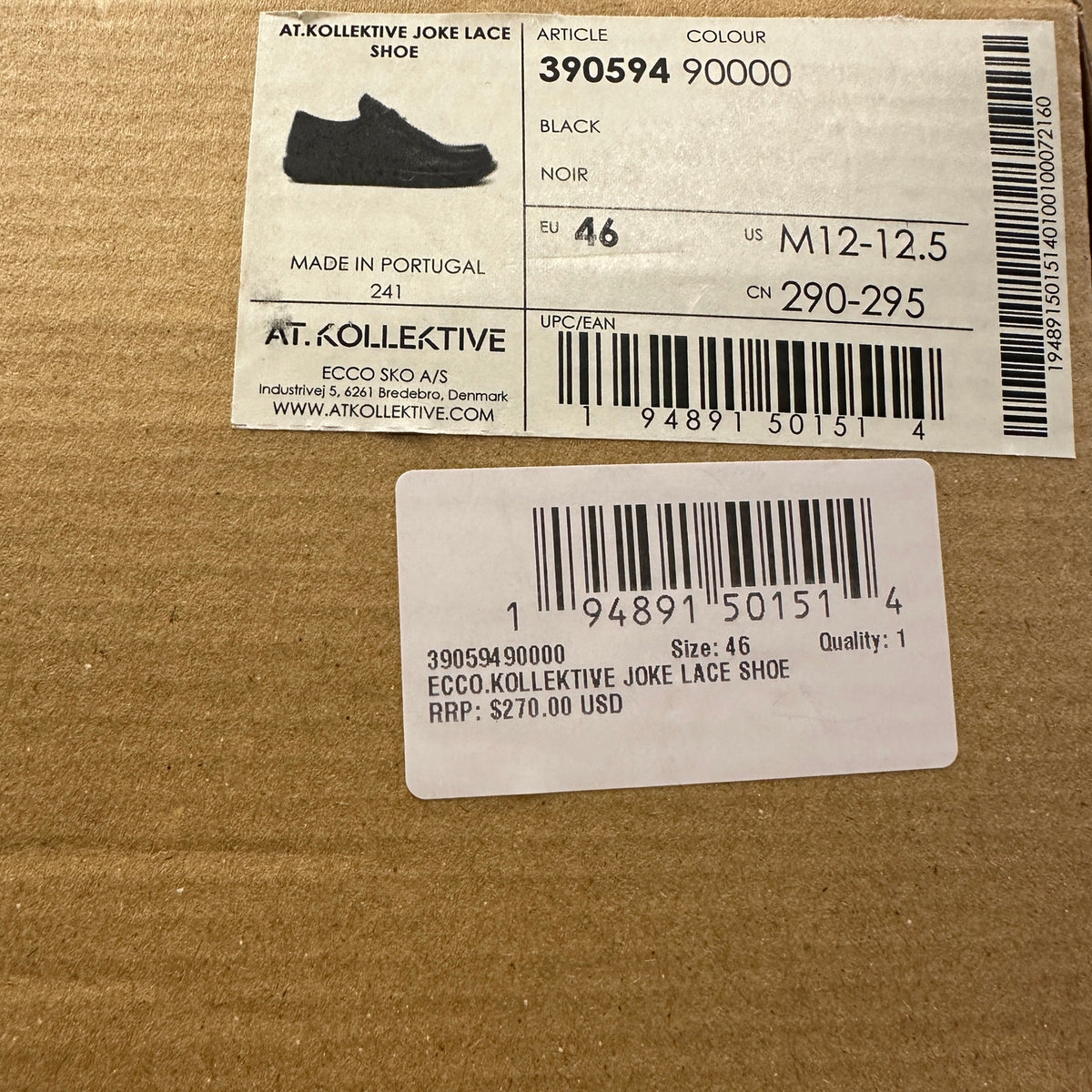 ECCO AT. KOLLEKTIVE MEN'S 46 BLACK LEATHER JOKE LACE SHOE NIB 39059490000