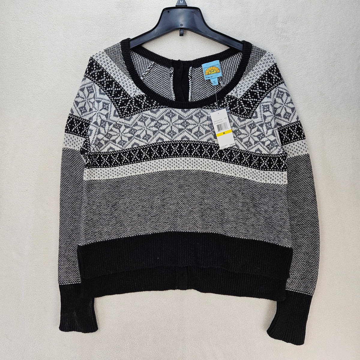C&C CALIFORNIA WOMEN'S MEDIUM FAIR ISLE NORDIC KNIT SWEATER CARDIGAN BLK WHT NWT