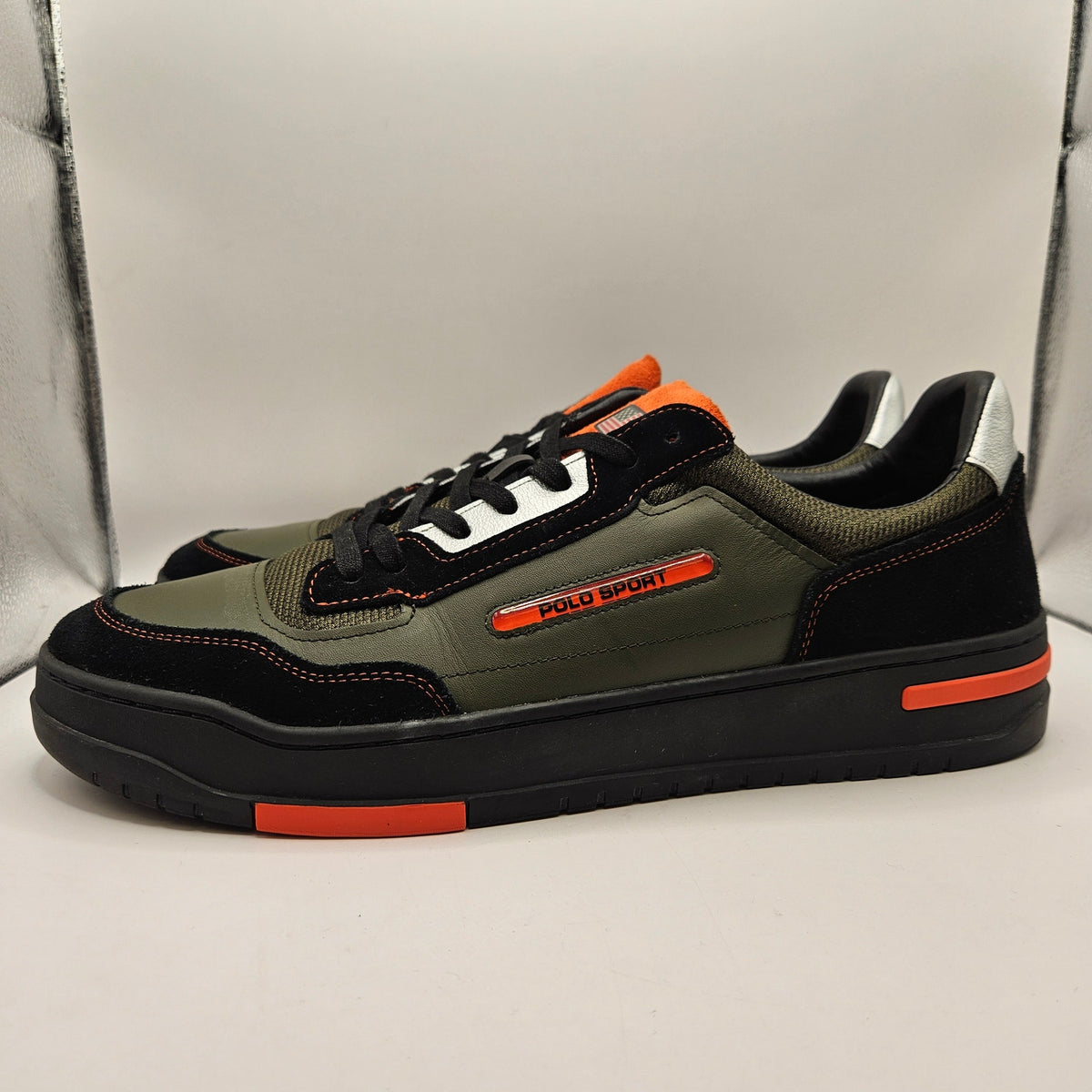 RALPH LAUREN POLO MEN'S 15 PS300 LEATHER PANEL LO TOP SNEAKER OLIVE GREEN NWOB
