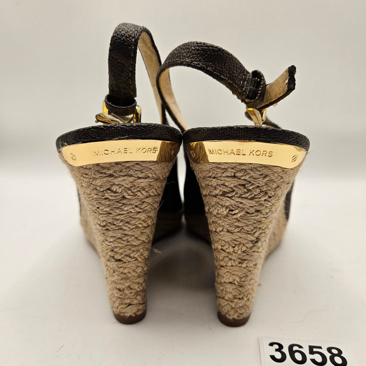MICHAEL KORS KEEGAN WOMEN'S 7 SLINGBACK ESPADRILLE WEDGE SANDAL BROWN LOGO NWOB