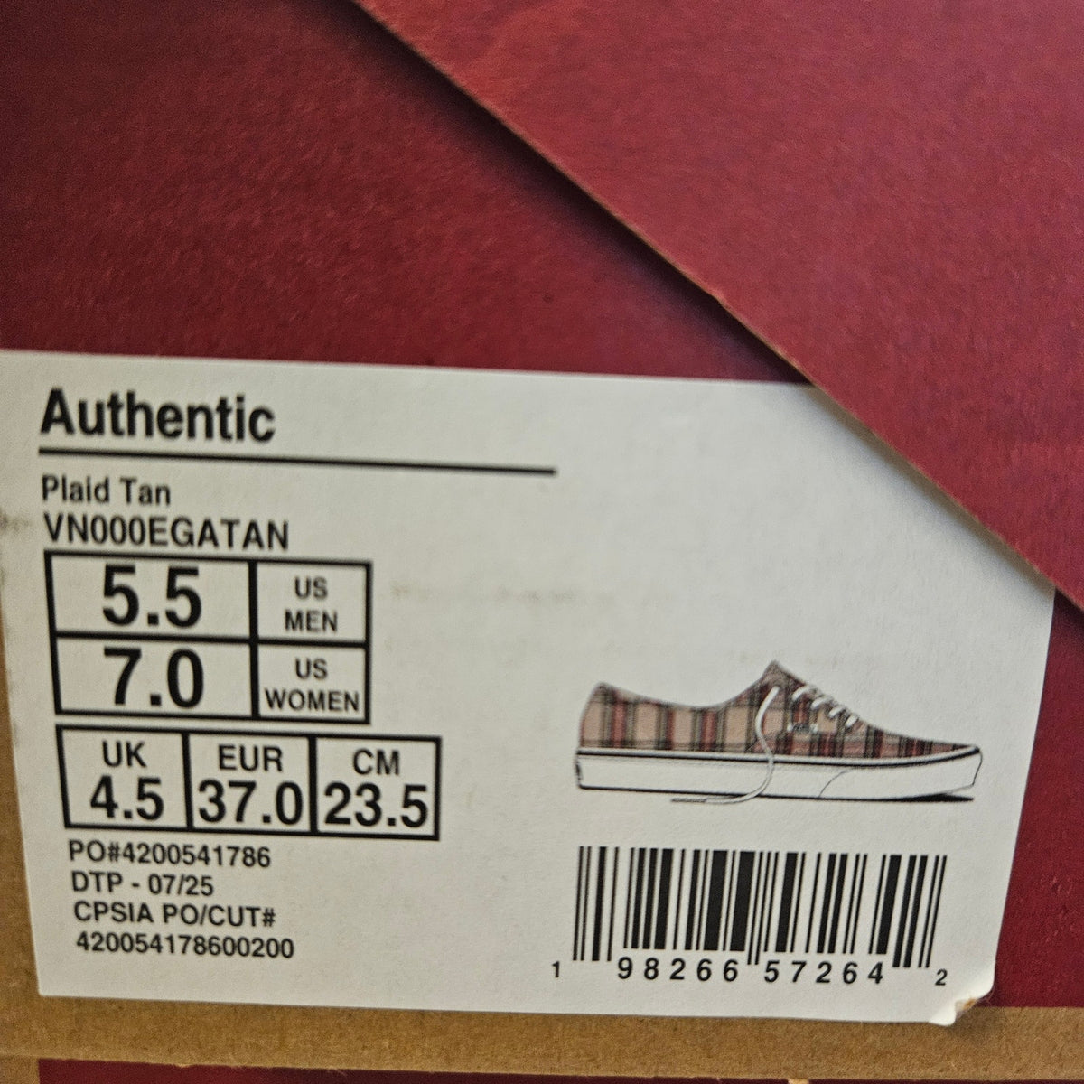 VANS WOMEN'S 7 AUTHENTIC LOW TOP SNEAKER PLAID TAN NIB VN000EGATAN
