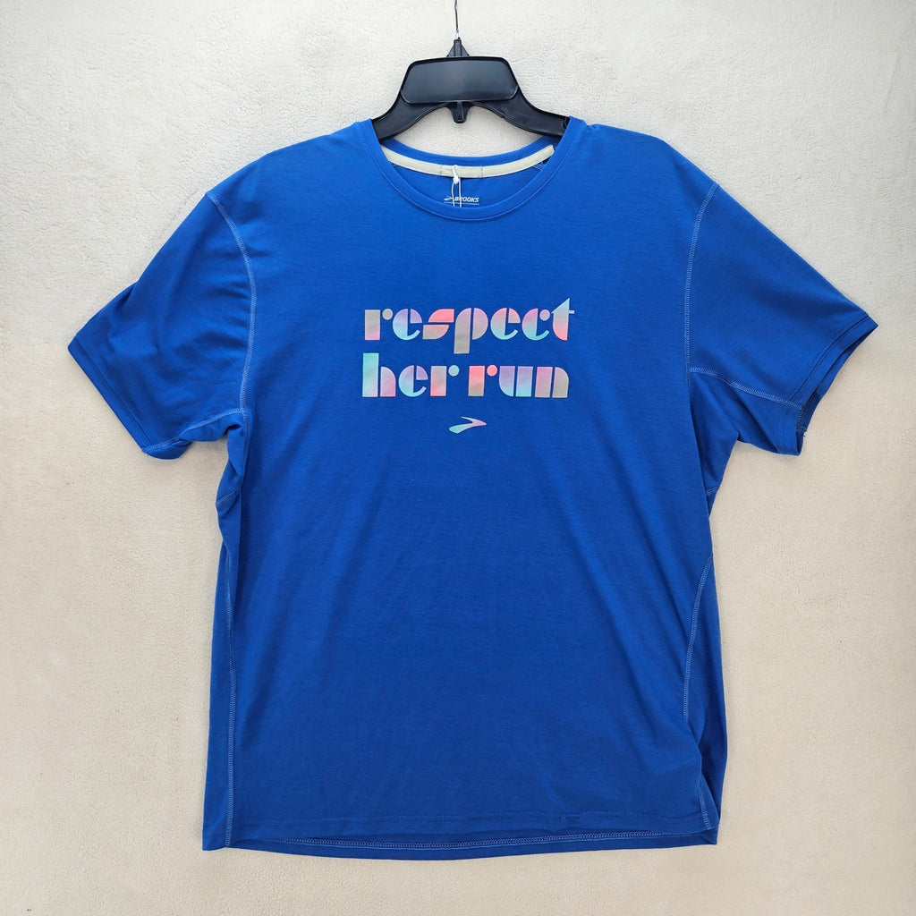 BROOKS WOMEN'S LARGE DISTANCE GRAPHIC SHORT SLEEVE BLUE TEE RESPECT HER RUN NWT