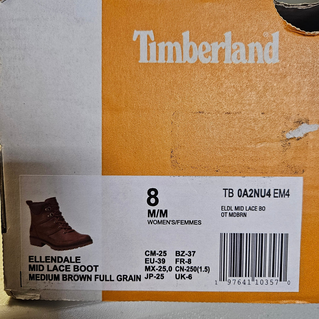 TIMBERLAND WOMEN'S 8 ELLENDALE MID LACE-UP BOOT BROWN FULL GRAIN NIB