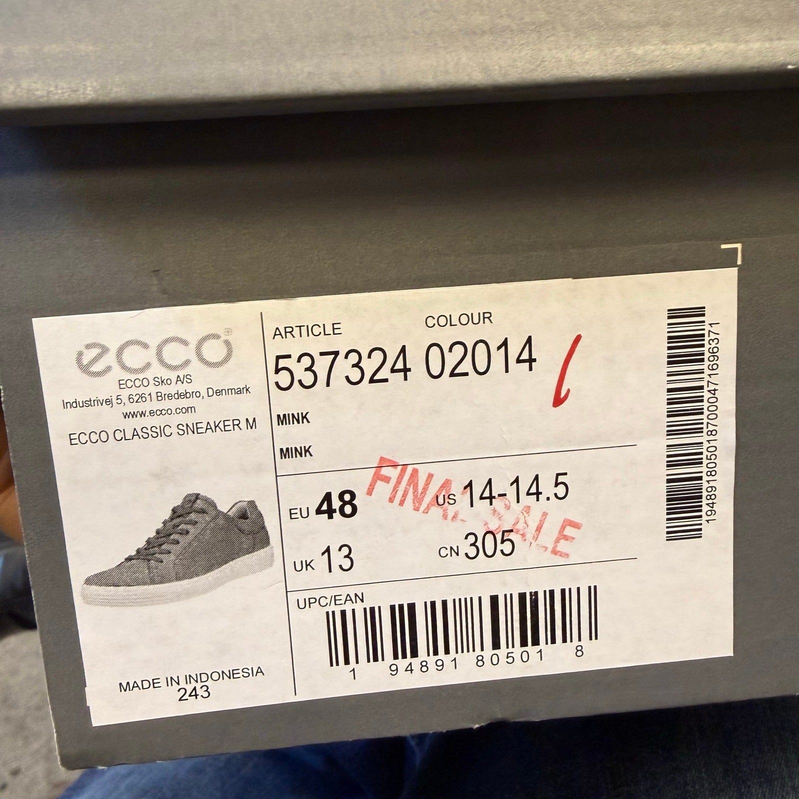 ECCO MEN'S 48 CLASSIC LEATHER SNEAKER MINK BROWN NIB RARE SIZE