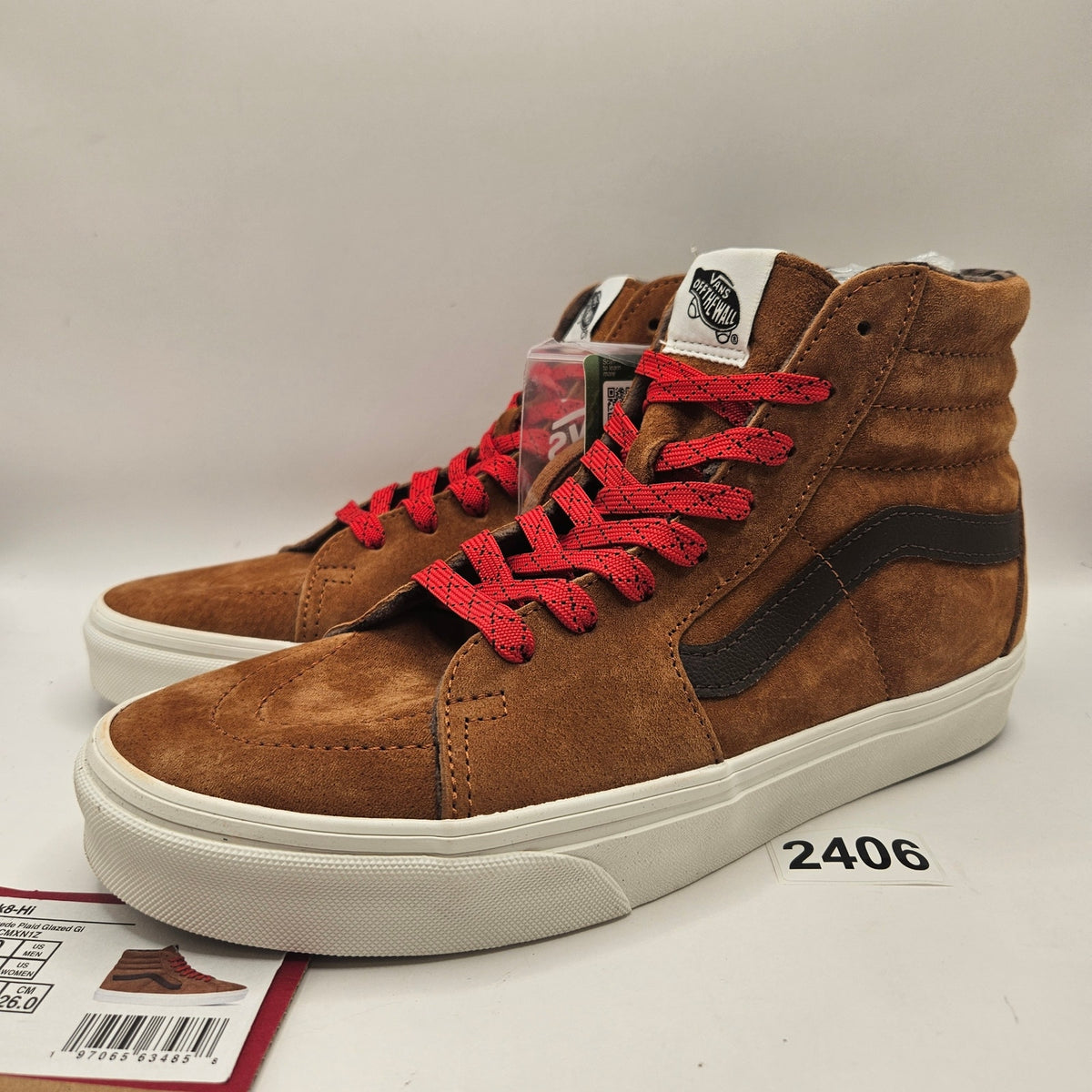 VANS MEN'S 8 SK8 HI PIG SUEDE PLAID GLAZED GINGER BROWN NWOB